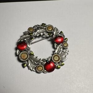 Signed JJ Red Apple & Sunflower Wreath Brooch Pin Pewter Tone Jonette Jewelry
